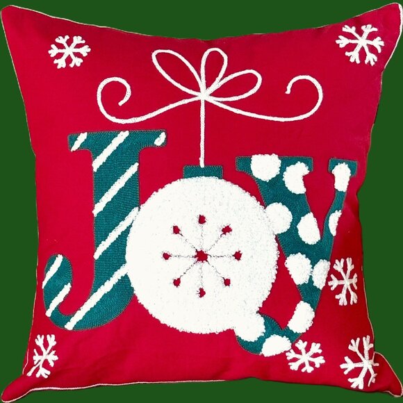 Festive Embroidered Tufted Christmas Joy Ornament Snowflakes 18" Pillow Cover - Picture 1 of 7